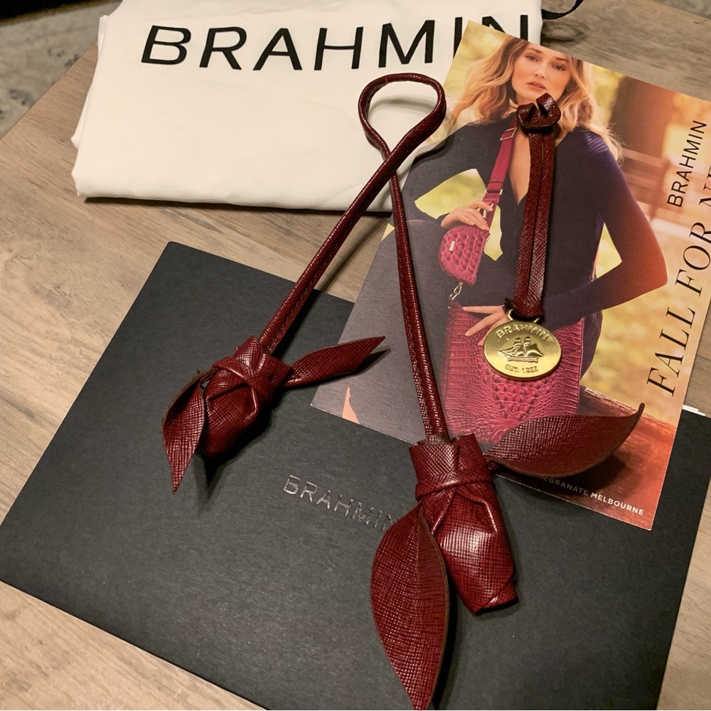 RARE BRAHMIN ROSES LEATHER FOB PURSE CHARM. Cranberry red